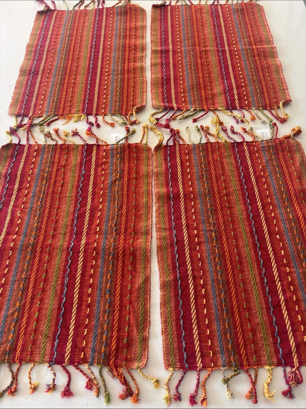 Set of Four Woven Red Stripe Placemats with Fringe